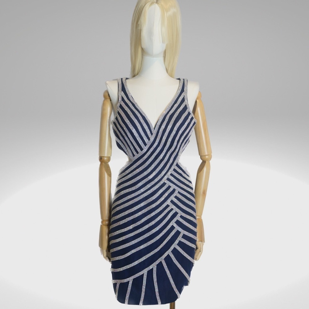 Elegant blue Navy mini dress with silver sparkle stones.